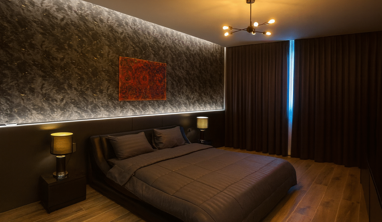 Chambre moderne aux tons sombres et chauds